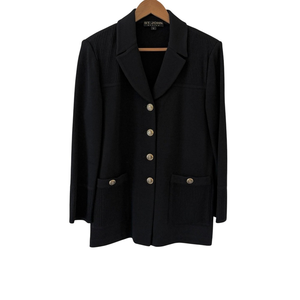 St John Basics Cardigan Coat Womens 10 Black Gold Button Old Money Santana Knit